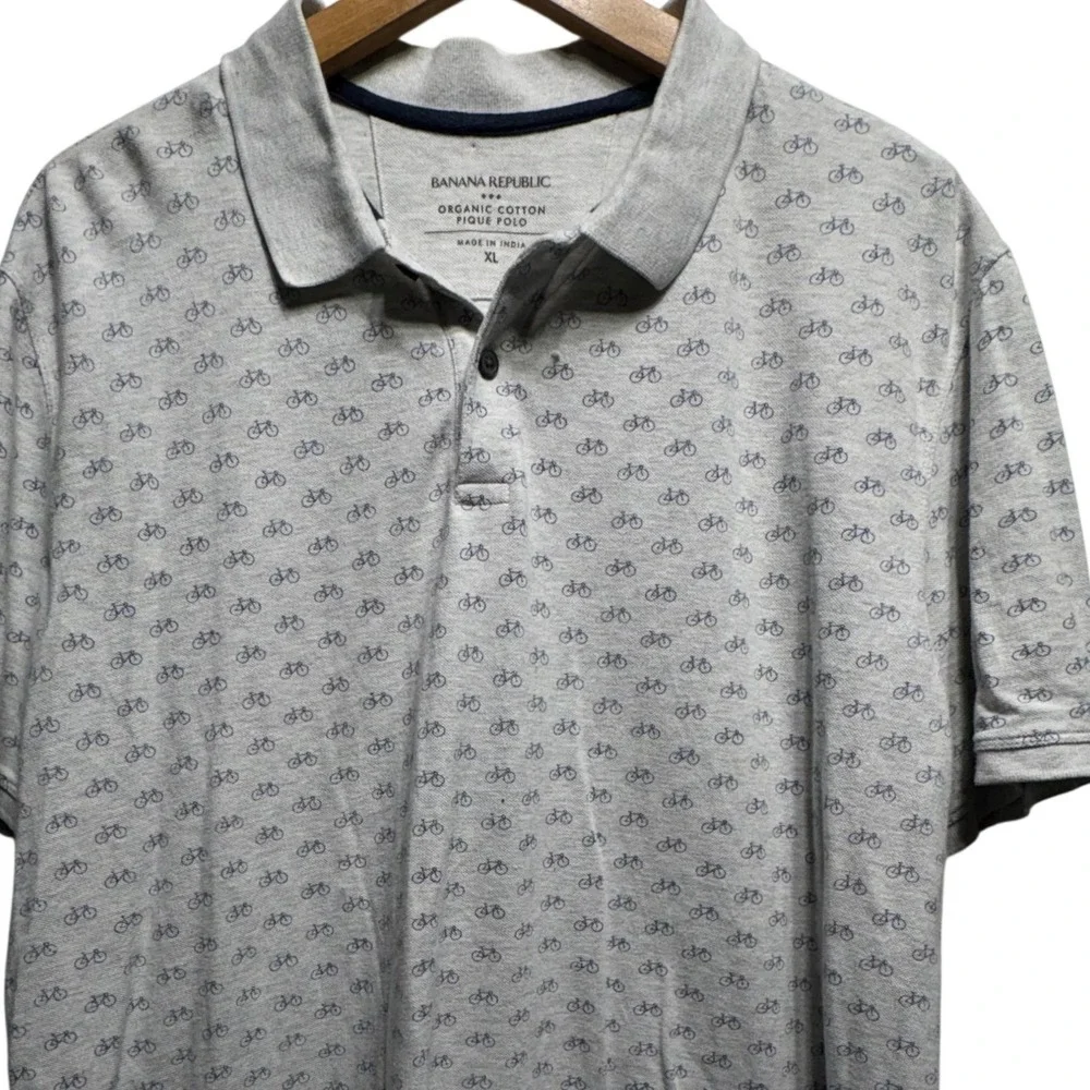 Banana Republic Organic Cotton Pique Polo Mens XL Gray Blue Bicycle Print Shirt